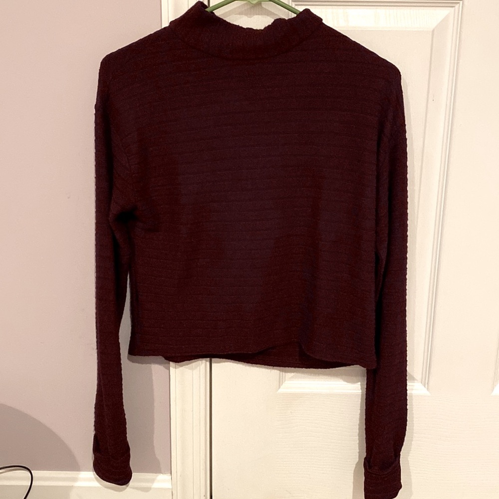 LUSH Women’s Small Burgundy Wine Striped Mock Turtleneck Crop Top Sweater